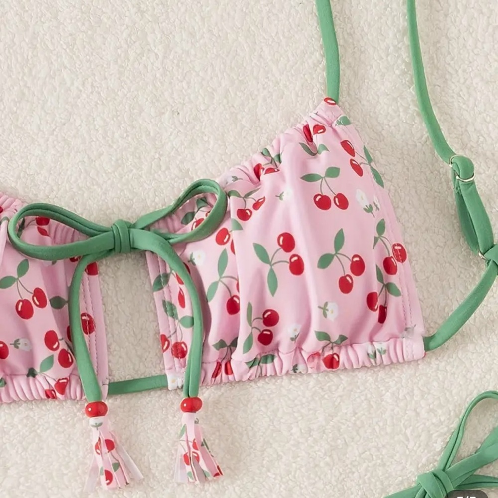 Pink Cherry Print Tassel Accents Cheeky Bikini Set - Picture 4 of 6